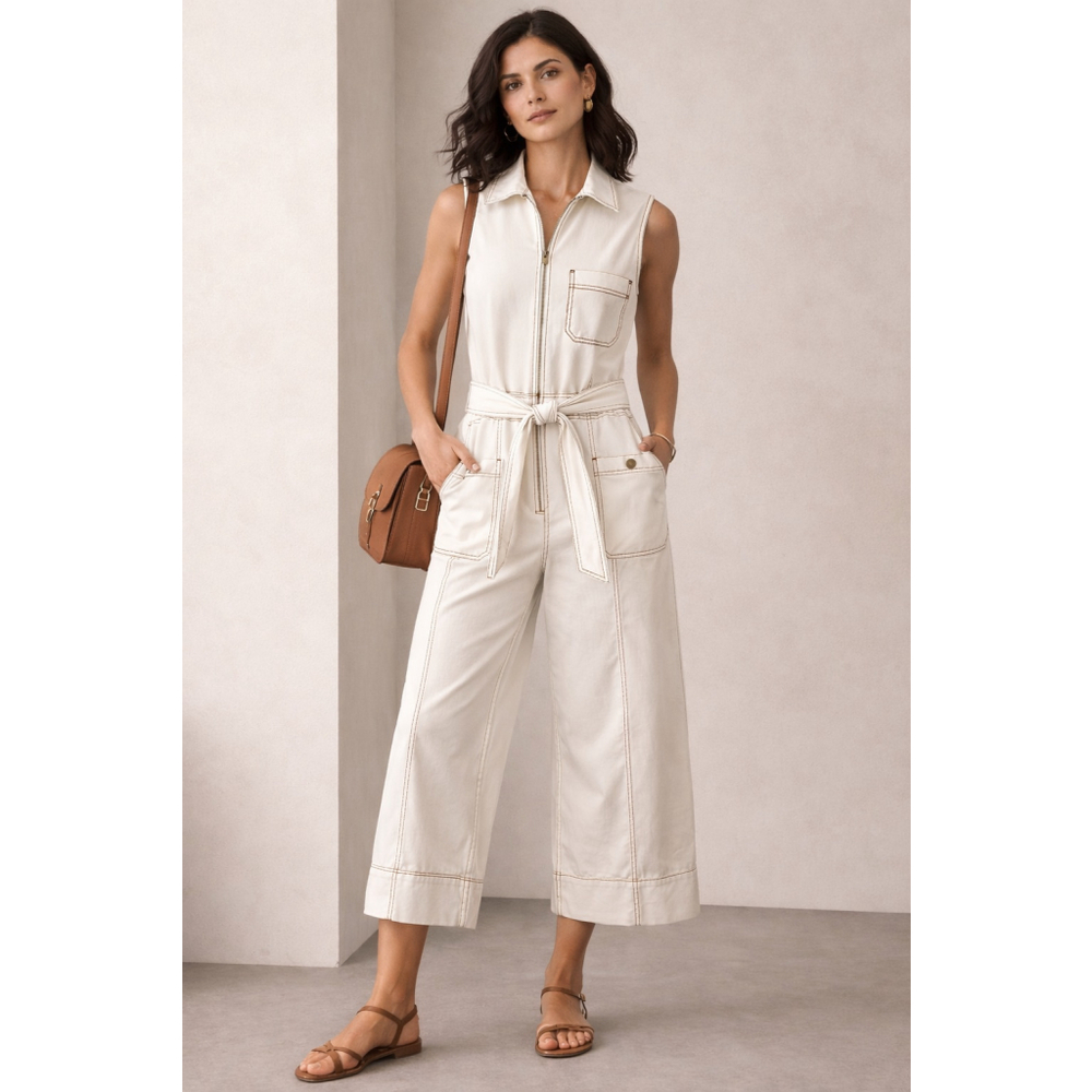 Sleeveless Utility Jumpsuit in Cream - Picture 2 of 11